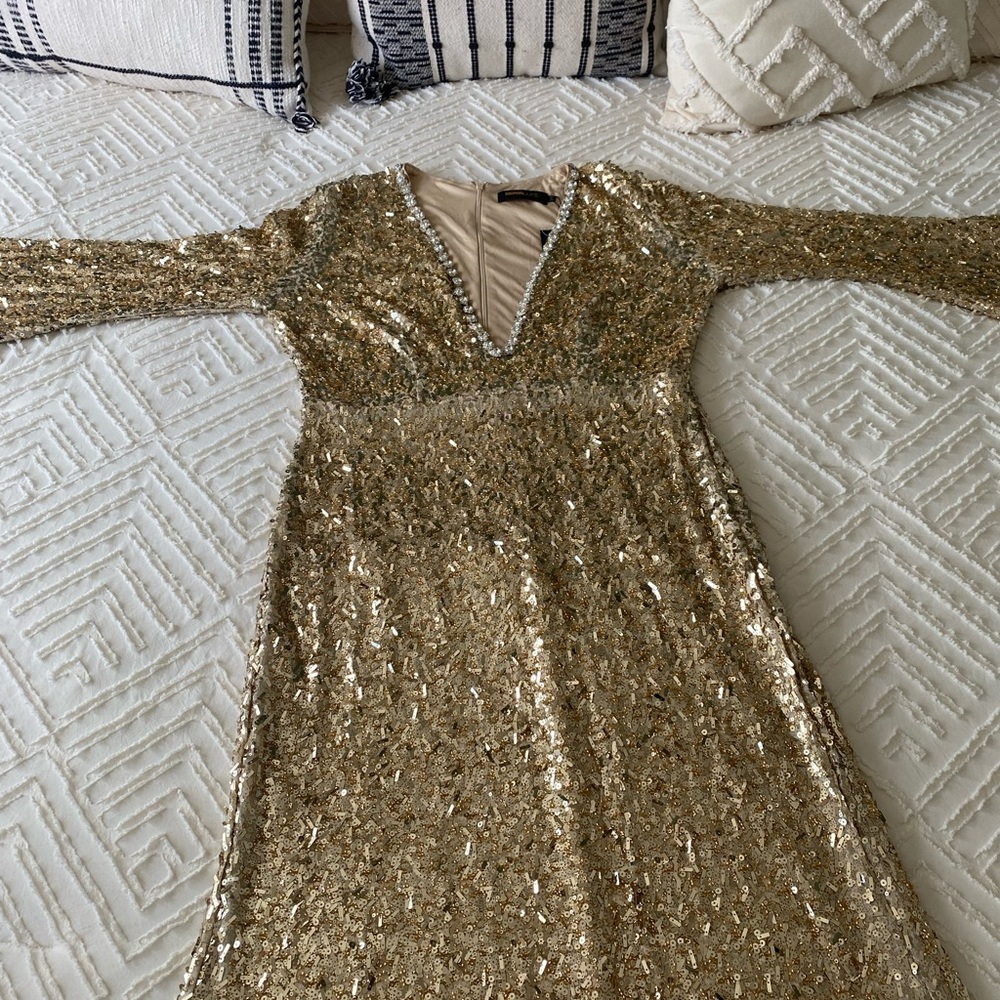Fashion Nova Glittering Gold Long Sleeve Dress
